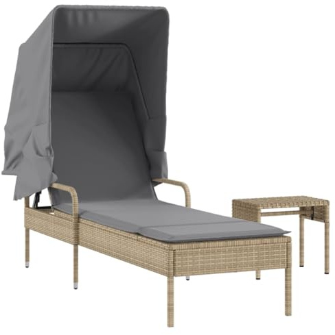 YUTAASU Poly Rattan Sonnenliege mit Dach und Tisch, Beige, verstellbare Rückenlehne, ausziehbares Sonnendach, dick gepolstertes Kissen, max. 110 kg