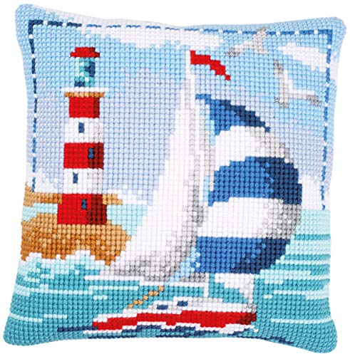 Vervaco Kreuzstich Stickpackungen Kissen Stickerei Set Anfänger Vorgedruckt Leuchtturm & Segelboot DIY Set Kreativ Set Für Erwachseneca. 40 x 40 cm Bastelset Handwerker Haus Dekoration