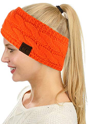 C.C Soft Stretch Winter Warm Cable Knit Fuzzy Lined Ear Warmer Headband - orange - One Size
