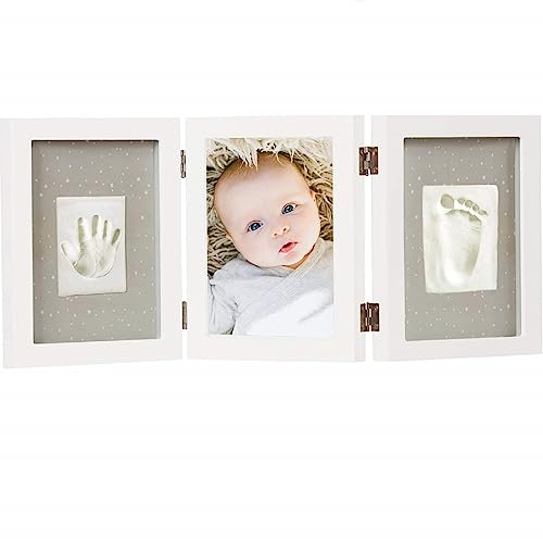 Happy Hands jeu d'empreintes de mains à trois cadres pour deux empreintes de mains ou de pieds de bébé en guise de rappel (manipulation facile, y compris pâte à modeler douce pour la peau), blanc