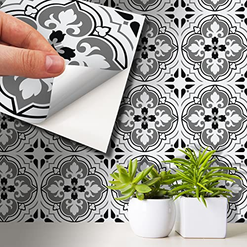 WALPLUS Selbstklebende Fliesenaufkleber Badezimmer 15x15cm Fliesenfolie Küche Abnehmbare Starke Haftung Selbstklebende Fliesen Küche Nahtlos Antique Floral Fliesenaufkleber Grau 24 Stück