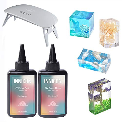 INNICON UV Resin Epoxy Glue Gel Set, 200ml No Mixing Transparent Hard Type Solar Cure, DIY Making Jewelry Making Pack for Silicone Resin Molds Pendants Earrings Bracelets, with Lamp