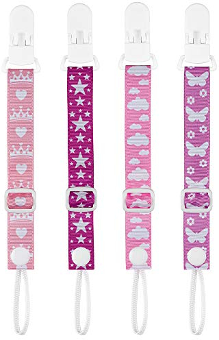PREMYO 4 Pack Baby Schnullerkette Mädchen - Schnullerband mit Clip Verstellbare Länge - Universal Ohne Namen Rosa