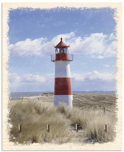 ARTLAND Schlüsselbrett Schlüssel Schmuck Organizer Hakenleiste Deko Wandhalterung Holz mit 4 Haken 20x25 cm Nordsee Leuchtturm Sylt T9ML