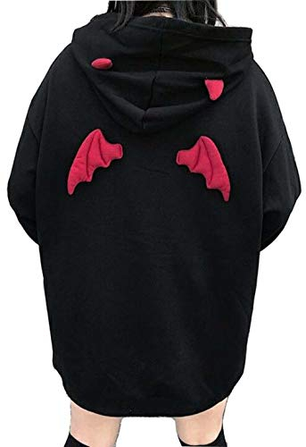 Damen Teufelsflügel-Kapuzenpullover mit langen Ärmeln, rotes Horn, Sweatshirt, niedlicher Pullover, Schwarz, XL