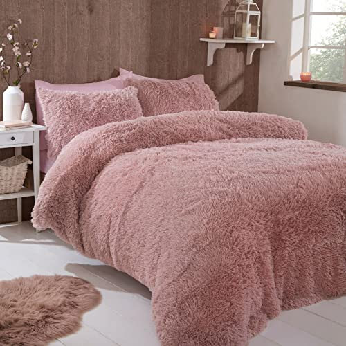FAUX FUR SHAGGY Long Pile Face, Soft Touch Plush Fleece Reverse, Duvet Cover Set with Pillow Case Thermal Fluffy Winter Warm Cozy Cuddly Bedding Bed Set (Blush Pink, Double)