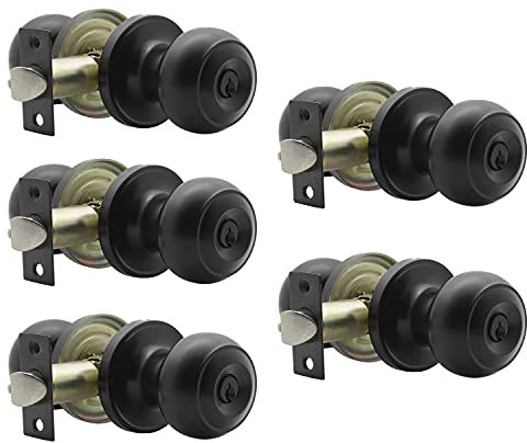 PinLin 5 Pack Exterior Door Knob, Round Entrance Key Locker [Lock with 3 Keys], Security Stainless Steel Door Lock Set for Front Door or Office, Black Entry Door Handle with Locked Function
