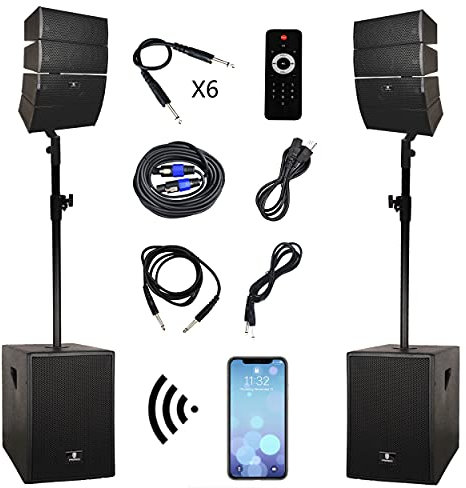 RECK 4000 Watt DJ/Powered PA Speaker System Combo Set with Bluetooth/USB/SD Card/Remote Control (Two 12-Inch Subwoofers and 8X Array Speakers Set) for Performances, speeches and DJS
