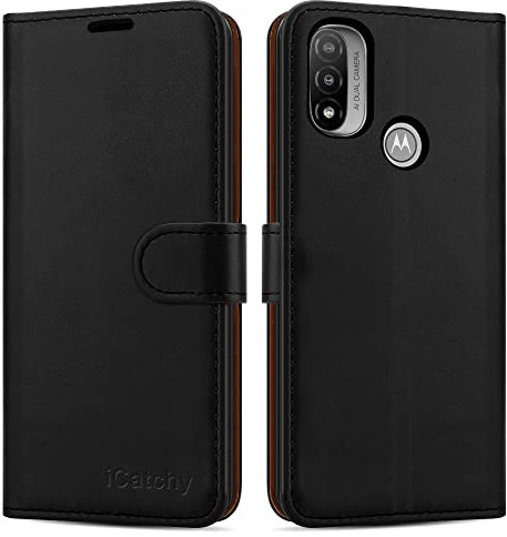 iCatchy for Motorola Moto E20 / E30 / E40 Case Leather Wallet Book Flip Folio Stand View Magnetic Closure with Card Slots Cover (Black)