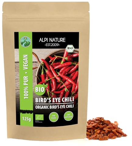 Chile Bird's Eye orgánico entero (125g), chile Bird's Eye orgánico, chiles enteros de cultivo orgánico controlado, 100% puro y natural