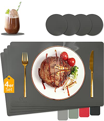 HELI MIAO Platzsets Abwaschbar,Tischsets Abwischbar,Tischset Leder,Hitzebeständig Doppelseitigen I 4er Set Platzdeckchen Kunstleder mit Untersetzer,Tischuntersetzer rutschfest,Platzdecken,Dunkelgrau