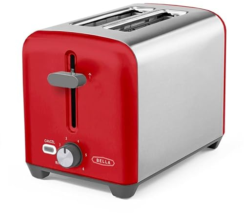 BELLA 2 Slice Toaster, Quick & Even Results Every Time, Wide Slots Fit Any Size Bread Like Bagels or Texas Toast, Drop-Down Crumb Tray for Easy Clean Up, Stainless Steel and Red