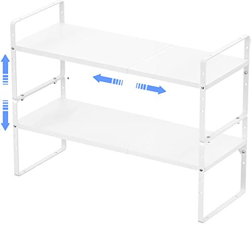 ARCCI Expandable Kitchen Cabinet Shelf Organizers 2 Pack, Stackable Metal Pantry Storage Shelves Rack, Adjustable Counter Shelf for Cabinets, Countertop, Cupboard Organizers and Storage, Black