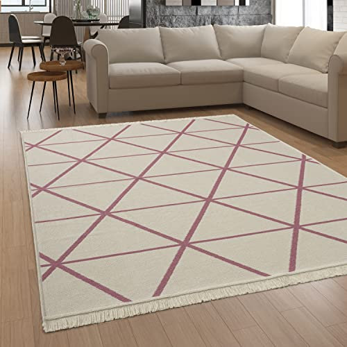 Paco Home Teppich Wohnzimmer Schlafzimmer Boho Design Waschbar Bis 30 Grad Skandinavisch Mit Fransen Wendbar Moderne Deko, Grösse:120x160 cm, Farbe:Pink 2
