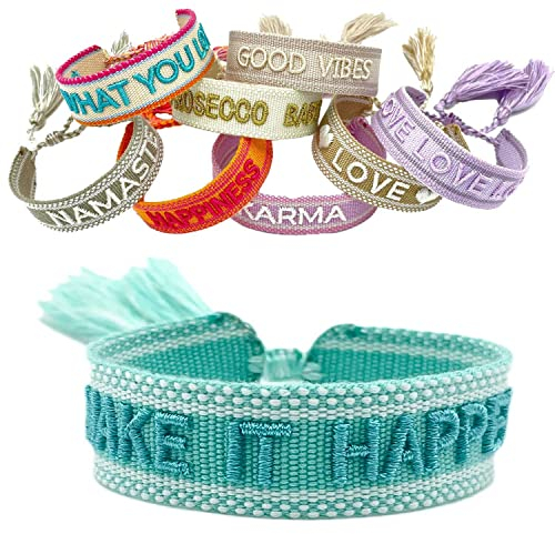 LS-LebenStil Exklusives Statement Armband Quasten besticktes Boho Canvas Webarmband (Make it Happen/Türkis Blau)