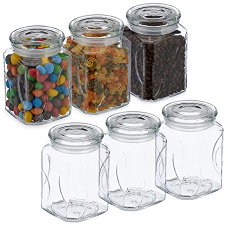 Relaxdays Vorratsgläser mit Deckel, 6er Set, Glas, 750 ml, eckige Vorratsdosen, luftdichte Glasbehälter, transparent