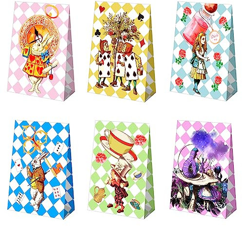 Htabiol Bolsas de regalo de Alicia en el País de las Maravillas para regalos, 24 bolsas de regalo de Alicia en el país de las maravillas con calcomanía de sellado, aptas para el primer cumpleaños de