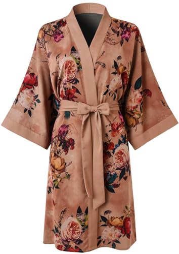 Ledamon Damen Kimono Kurz Robe für Frauen - Pocket Floral Bademantel Nachthemd (Champagner)
