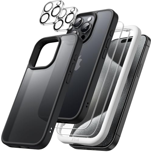 JETech 5 in 1 Matte Case for iPhone 15 Pro 6.1-Inch with 2-Pack Each Tempered Glass Screen Protector and Camera Lens Protector, Translucent Back Shockproof Phone Cover (Black)