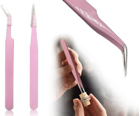 KAPSING Pack de 2 pinzas de acero inoxidable, pinzas de pestañas antiestáticas de precisión, pinzas de punta recta y curva de acero inoxidable, pinzas de extensión de pestañas (rosa)
