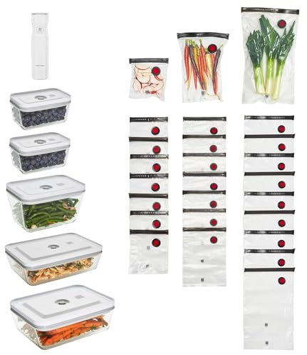 ZWILLING Fresh & Save 32pc Vacuum Starter Set, Vacuum Sealer Machine Set, Sous Vide Bags, Meal prep, Airtight Food Storage Containers Glass