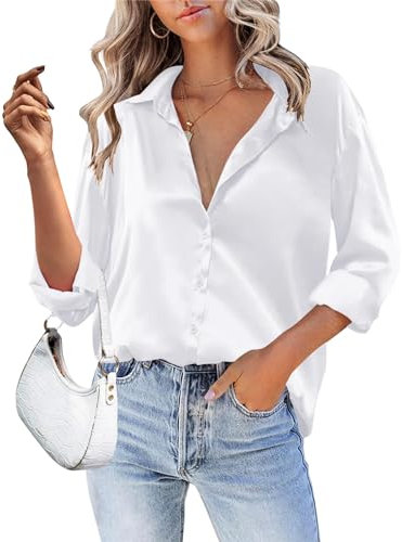 Zeagoo Blusa de satén para mujer, cuello de pico, informal, elegante, de seda a cuadros, camiseta de manga larga, Blanco, M
