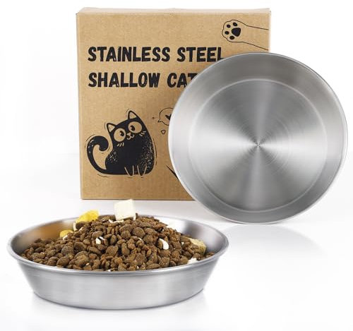 Petdream 2-Pack Stainless Steel Cat Food Bowls – Deep Whisker-Friendly Non-Slip Silicone Base,Easy to Clean Indoor Feeding Dishes(5.9)