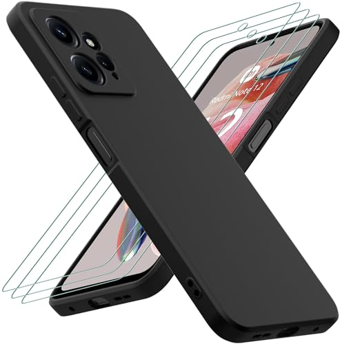 IMHAN Funda para Xiaomi Redmi Note 12 4G con 3 Piezas Cristal Templado, Carcasa Fina Protectora Antihuellas, Suave TPU Silicona Caso Anti-Choques Case Cover, Negro