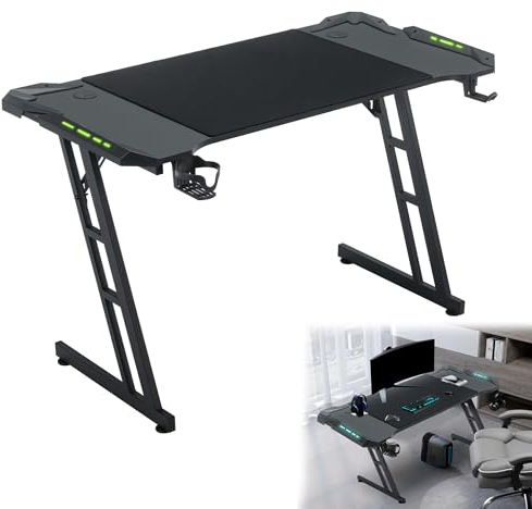 YRHome Gaming Tisch 120 x 60cm LED Gaming Schreibtisch Stabiler Computertisch PC Tisch Schwarz mit Getränkehalter & Kohlefaserbeschichtung 2 Öffnungen für Kabel Gamer Tisch Gaming Bürotisch-mit LED