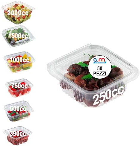 GM 50 Vaschette per Alimenti Usa e Getta con Coperchio Rettangolari Trasparenti in OPS Misura 250 cc Contenitori Plastica con Coperchio Trasparente Vaschette per Alimenti Chiusura ermetica