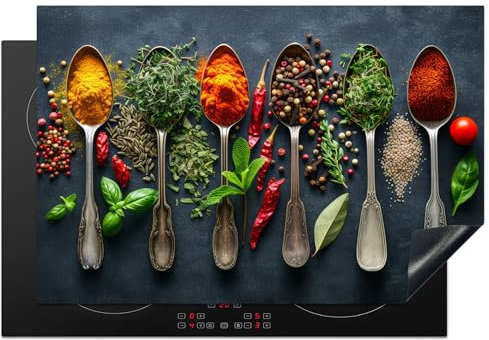 KitchenYeah© Copri Piano Cottura 77x51 cm Cucina Coprifornelli Tappetino per Induzione Fornello Tutto per la Cucina Spezie - Cucchiai - Calcestruzzo - Pepe - Spezie