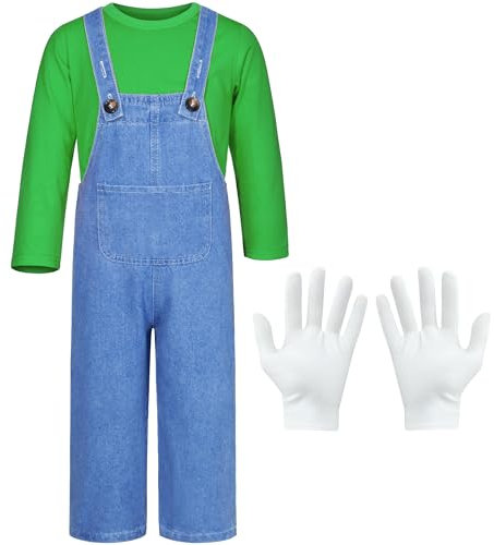 Mavoka Kids Plumber Costume Shirt Jumpsuit Gloves Boys Halloween Party Cosplay 2-10 Years, Green, 5-6 Jahre