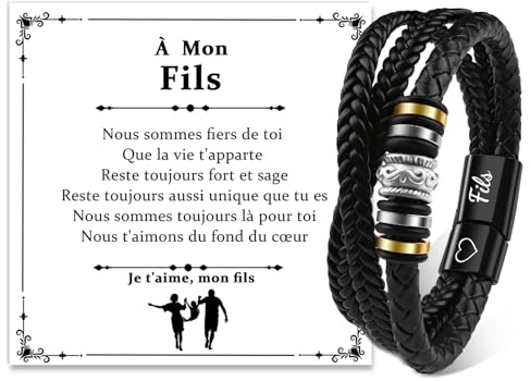 CheersLife Bracelet en Cuir pour Fils Garçons Adolescents | Cadeau Fils Garçons de Maman Cadeau Noel Anniversaire Graduation avec Gravure
