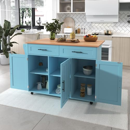 KecDuey Carrito de cocina, 129 x 76 x 91,5 cm, con mesa plegable, estantes en las puertas, isla de cocina con 5 ruedas con estante y 2 cajones, para comedor, Blau typ#1