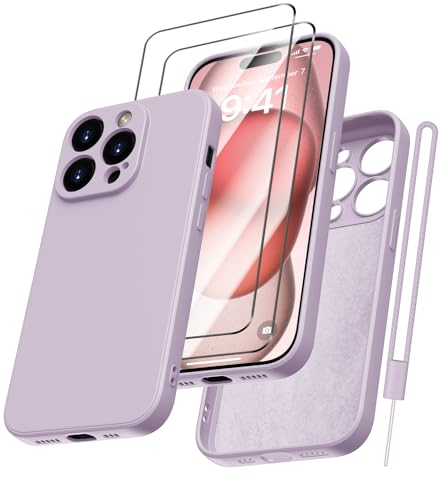 Kukiwhy für iPhone 15 Pro Max Hülle Silikon mit 2 Stück Panzerfolie, Hanyhülle für iPhone 15 Pro Max Case Dünne Rundumschutz Weichem Microfiber Kratzfeste Schutzhülle für iPhone 15 Pro Max 6.7'' Lila