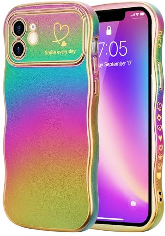 LCHULLE Kompatibel mit iPhone 12 Hülle Liebesherz Mädchen Handyhülle Wellen Lockige Form mit erhoben Kameraschutz Luxus Galvanisierte Schutzhülle Girls Case für iPhone 12 Buntes Dunkellila