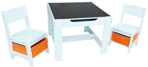 simpa Children's Wooden Desk & Set of 2 Storage Drawer Chairs: White Finish.