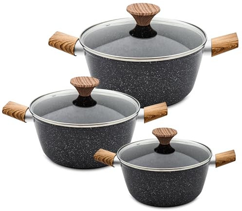AKH HOUSEWARE Non Stick Casserole Dishes with Lid Cooking Pot 5 Layer Non-Stick Coated Casserole Dishes/Serving Dishes Induction Hob Compatibility Cookware (Black, Set of 3)