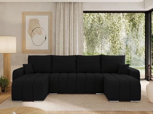 MKS MEBLE Sofa mit Schlaffunktion - Ecksofa mit Schlaffunktion und Bettkasten - Sofa 3 4 5 Sitzer - Schlafsofa - Couch - Schlafsofa mit Bettkasten - Kirasso U -Schwarz Boucle