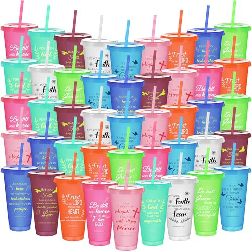 Xaztr 45Pcs Plastic Tumblers with Lids and Straws, 24 oz Employee Appreciation Tumbler Bible Verse Glitter Cups Inspirational Plastic Coffee Travel Mug Christian Gifts for Birthday Christmas Church