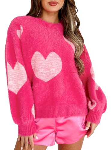 Geagodelia Damen Pullover Oversize Valentinstag Herz Warmer Strickpullover Pulli Frauen Elegant Langarm Rundhals Winterpullover Oberteil Top Herbst Winter