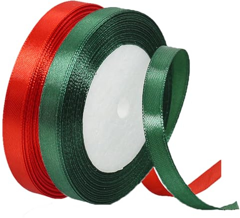 2 Rollen Satinband Weihnachten 10mm Breit, Geschenkband Rotes und Dunkelgrün Schleifenband Stoff Satinbänder für Blumensträuße, Geschenkverpackung, Weihnachten, Hochzeit und DIY Kunsthandwerk