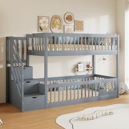 LANTRO JS Etagenbett für 2 Kinder 90x200cm, Kinderbett Hochbett mit Treppe der als Stauschrank und Sicherheitsgeländer, Stockbett, Matratze Nicht enthalten, Grau