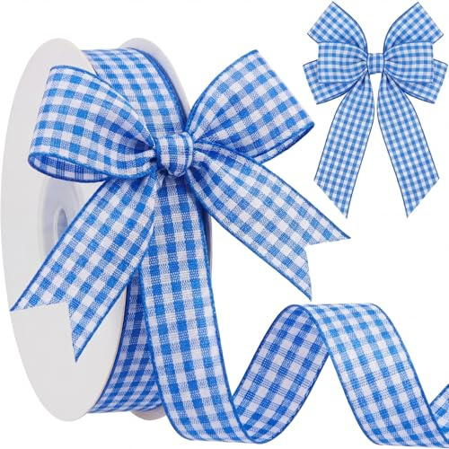 Xuniea Schleifenband Blau Weiß 16 mm x 27 m Kariert Oktoberfestband | Oktoberfestband Blau-Weiß, Bayerisches Gingham-Karo, 16 mm x 27 m, Bierfest Deko, Geschenkverpackung, Dirndl, Biergarten