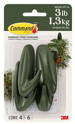 Command Medium Designer Hooks, Rosemary Green, 4 Hooks, 6 Strips, Damage-Free Hanging with Adhesive, No Tools Great for Hanging Home Decor, Holds up to 1.3kg