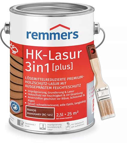 RemmersSet HK-Lasur 3in1 Plus + Pinsel Bandloo Set – Holzlasur für Außenbereich: Imprägnierung, Grundierung & Lasur in einem, Schutz vor Feuchtigkeit & UV-Strahlung, Varnish (Mahagoni, 2,5 L)
