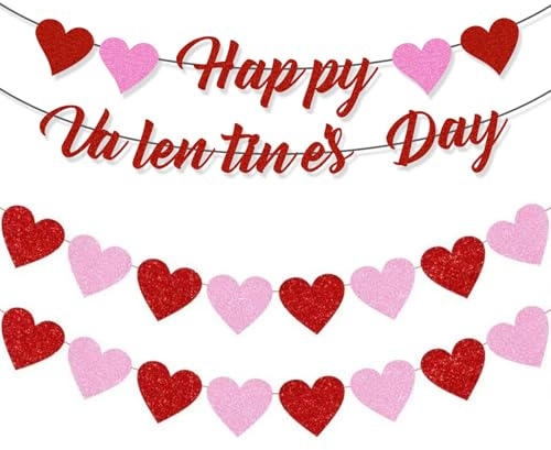 3 Stück Happy Valentines Day Banner rosa und rot, romantisches funkelndes und schimmerndes Herz-Banner, Valentinstagsdekorationen, Feiertage, Verlobungen, Hochzeiten, Zeremonien, Jubiläumsdekorationen