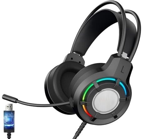 Ouitble RGB Gaming Headset mit Mikrofon USB PC Gaming Kopfhörer mit 2m Kabel Plug & Play, USB Over-Ear Headset für PC Laptop Desktop