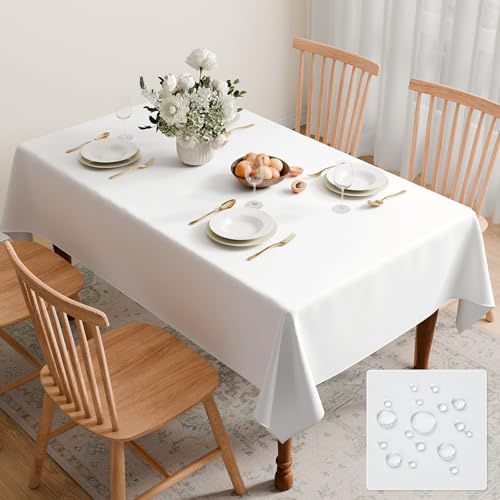 GFCC White Table Cloth 200x150cm Wipe Clean Waterproof, 55x79 Inch | Spill-Proof, Stain-Proof, Machine Washable, Polyester, Rectangular Tablecloth for Home Dining Kitchen Garden Party