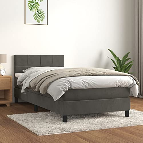 RMIHSJG Letto a molle con materasso, grigio scuro, 100 x 200 cm, testiera in velluto, regolabile in altezza, materasso a molle insacchettate, supporto medio, delicato sulla pelle, sistema di sonno di